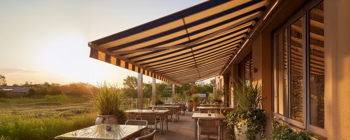 Toldo e cobertura instalada em área externa, oferecendo proteção contra sol e chuva com estrutura resistente e acabamento profissional. - Contato