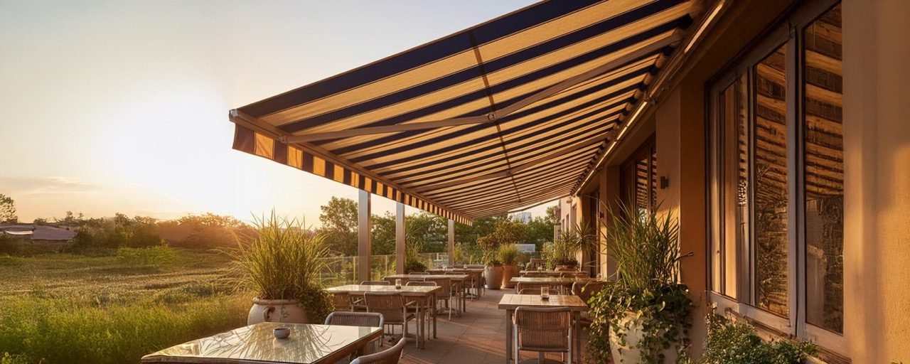 Toldo e cobertura instalada em área externa, oferecendo proteção contra sol e chuva com estrutura resistente e acabamento profissional. - Início